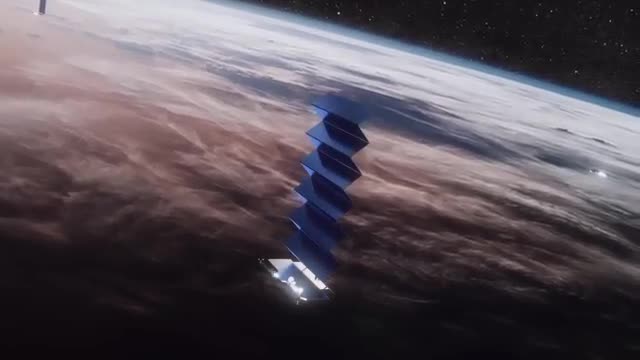 A stack of flat satellites above Earth's clouds